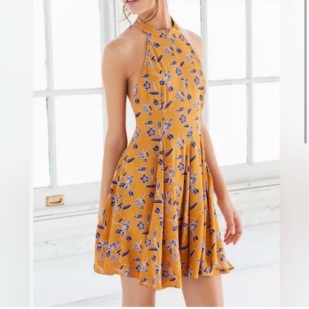 Kimchi Blue Tropi Mock Neck Halter Mini Dress in Mustard and Purple